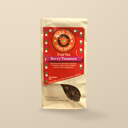 Niks Tea Berry Treasure Fruit Loose Tea – 80g original product packaging on warm beige studio background