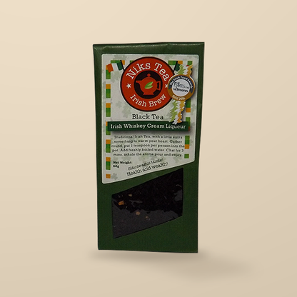 Niks Tea Irish Whiskey Cream Liqueur Black Loose Tea – 80g original product packaging on warm beige studio background