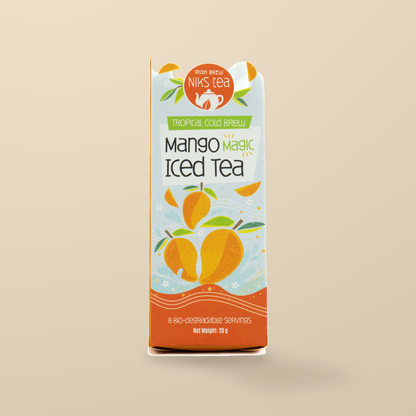 Niks Tea Mango Magic Cold Brew Iced Tea – 8 Tea Bags original product packaging on warm beige studio background