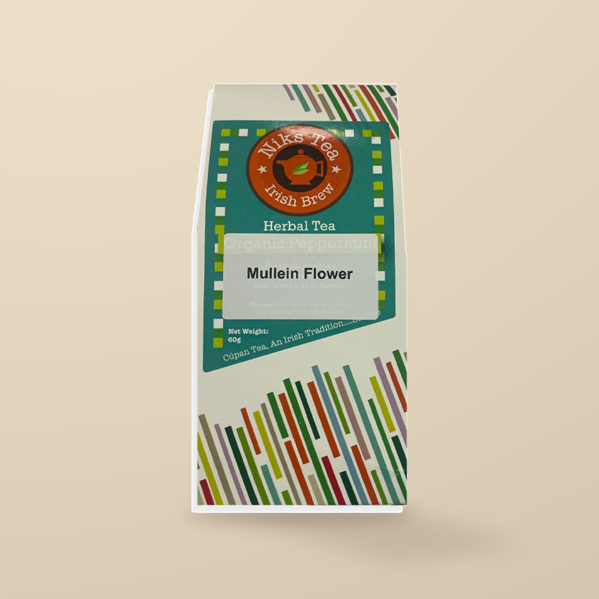 Niks Tea Mullein Flower Herbal Loose Tea – 60g original product packaging on warm beige studio background