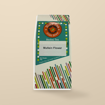 Niks Tea Mullein Flower Herbal Loose Tea – 60g original product packaging on warm beige studio background
