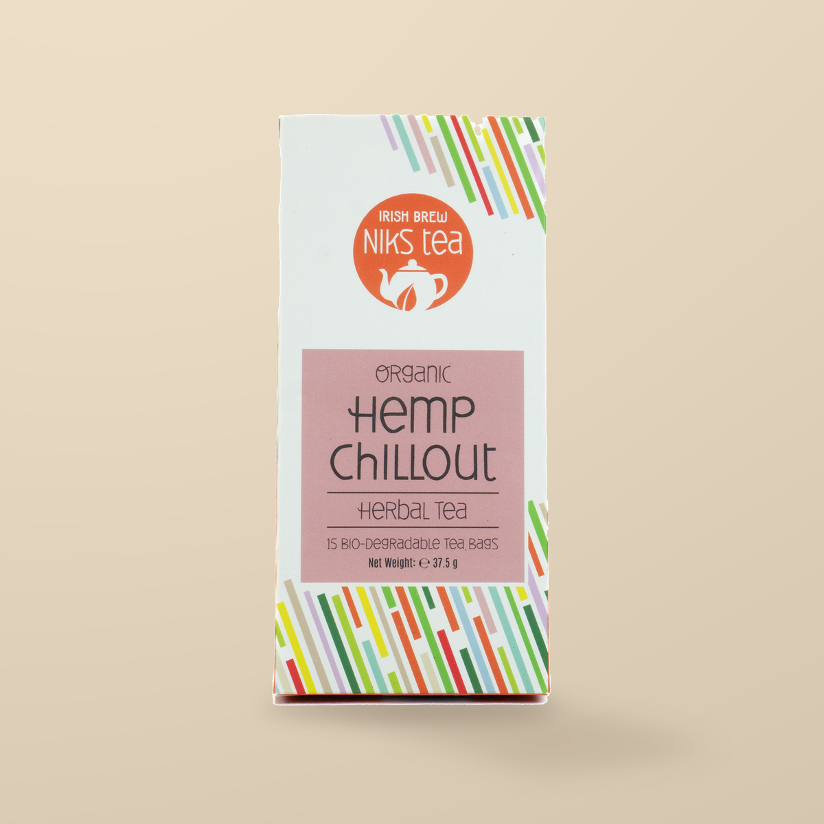 Niks Tea Organic Hemp Chillout Herbal Tea – 15 Tea Bags original product packaging on warm beige studio background