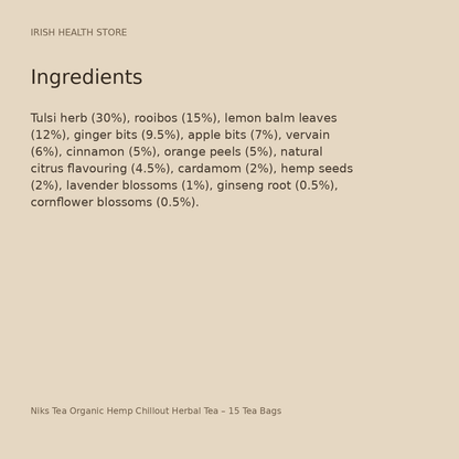 Niks Tea Organic Hemp Chillout Herbal Tea – 15 Tea Bags ingredients