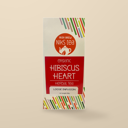 Niks Tea Organic Hibiscus Heart Herbal Loose Tea – 60g original product packaging on warm beige studio background