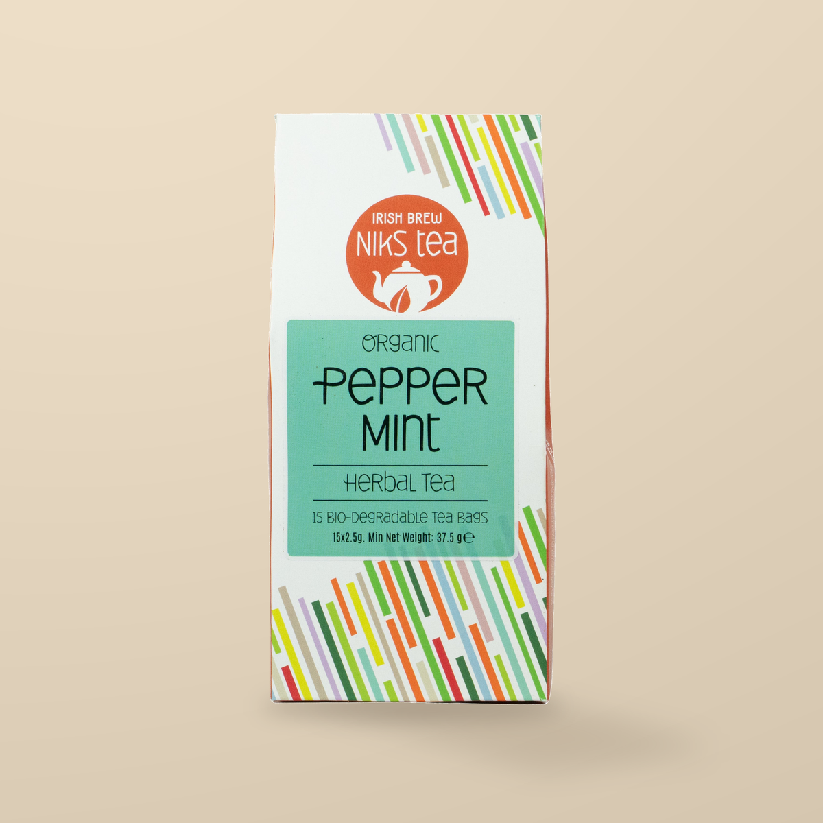 Niks Tea Organic Peppermint Herbal Tea – 15 Tea Bags original product packaging on warm beige studio background