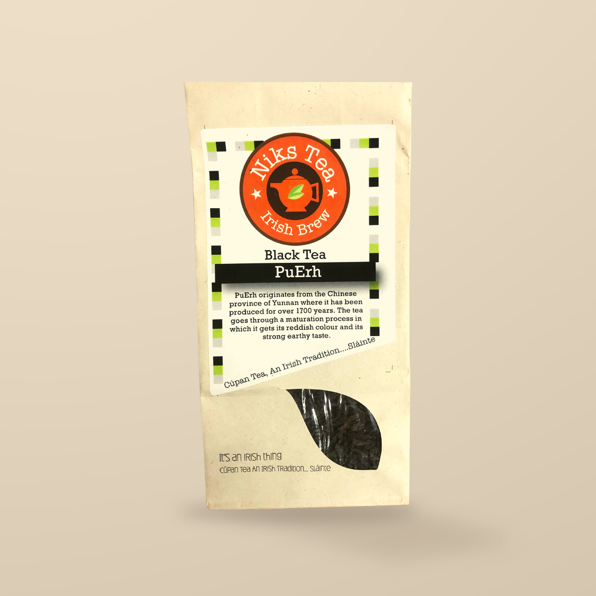 Niks Tea Organic Pu Erh Black Loose Tea – 80g original product packaging on warm beige studio background