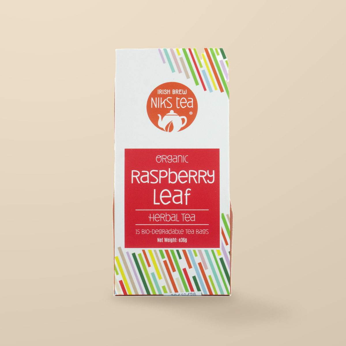 Niks Tea Organic Raspberry Leaf Herbal Tea – 15 Tea Bags original product packaging on warm beige studio background
