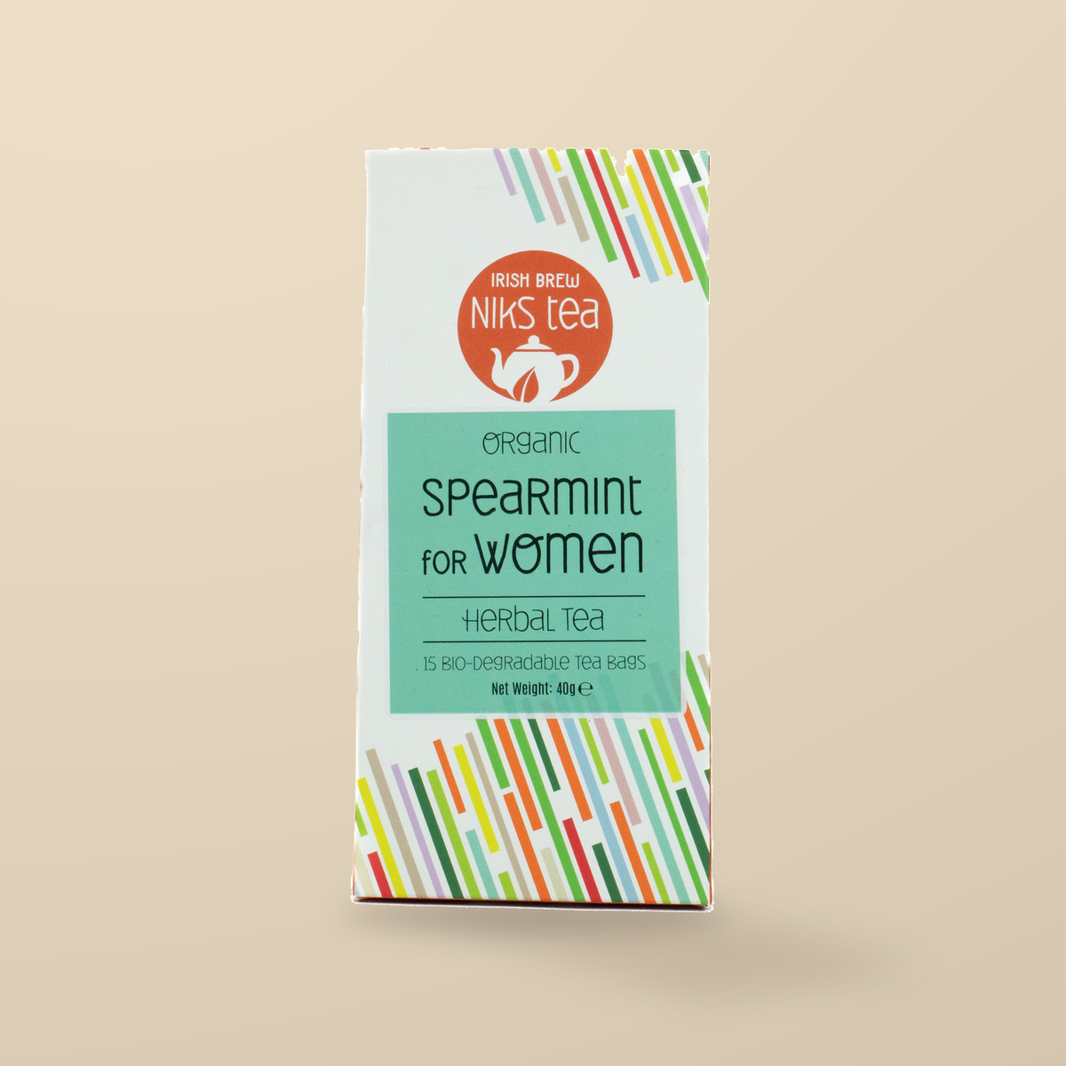 Niks Tea Organic Spearmint Herbal Tea – 15 Tea Bags original product packaging on warm beige studio background
