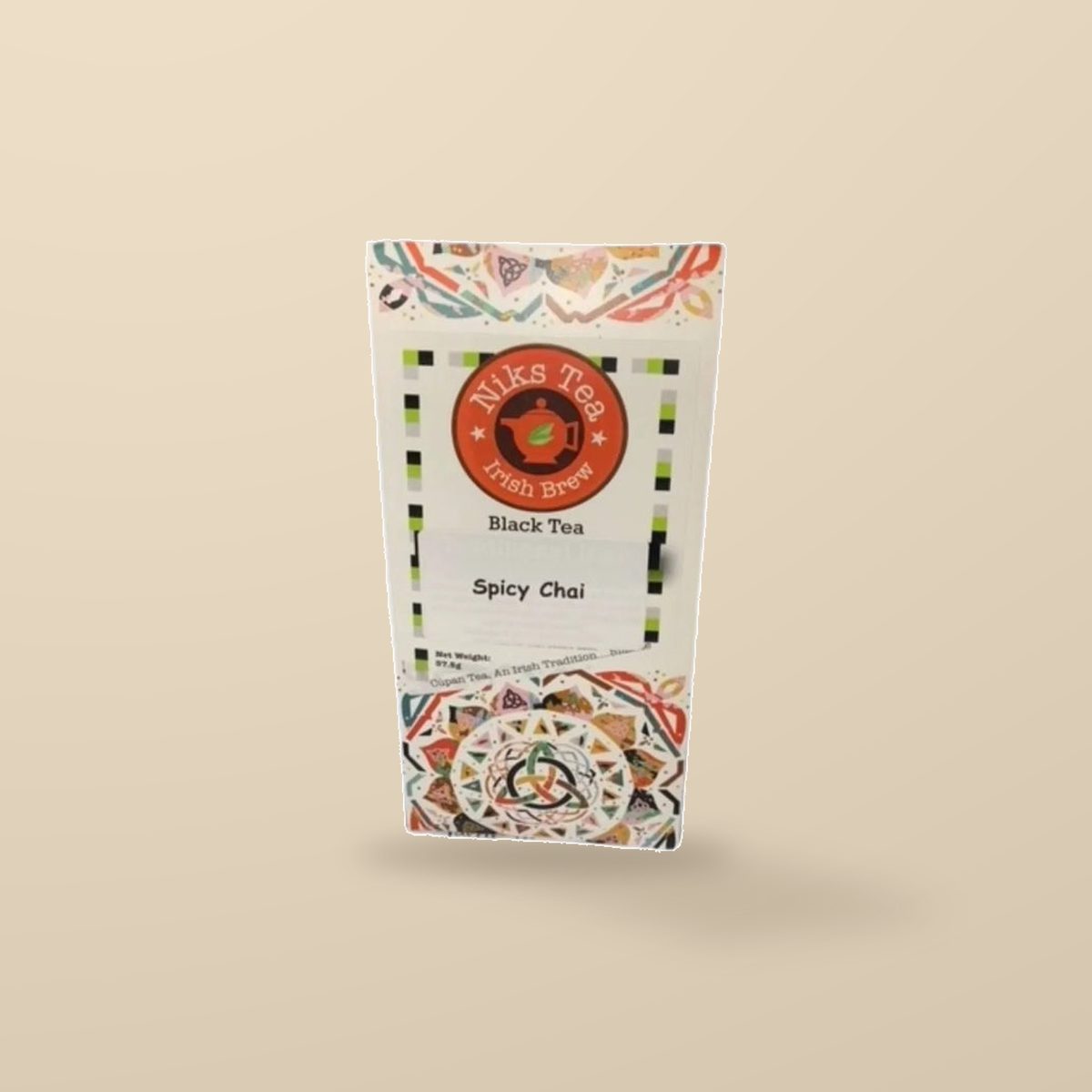 Niks Tea Spicy Chai Black Tea – 15 Tea Bags — original product packaging on warm beige background