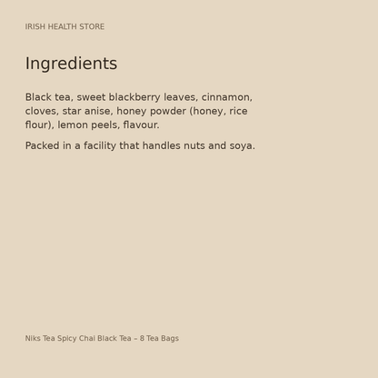 Niks Tea Spicy Chai Black Tea – 8 Tea Bags ingredients