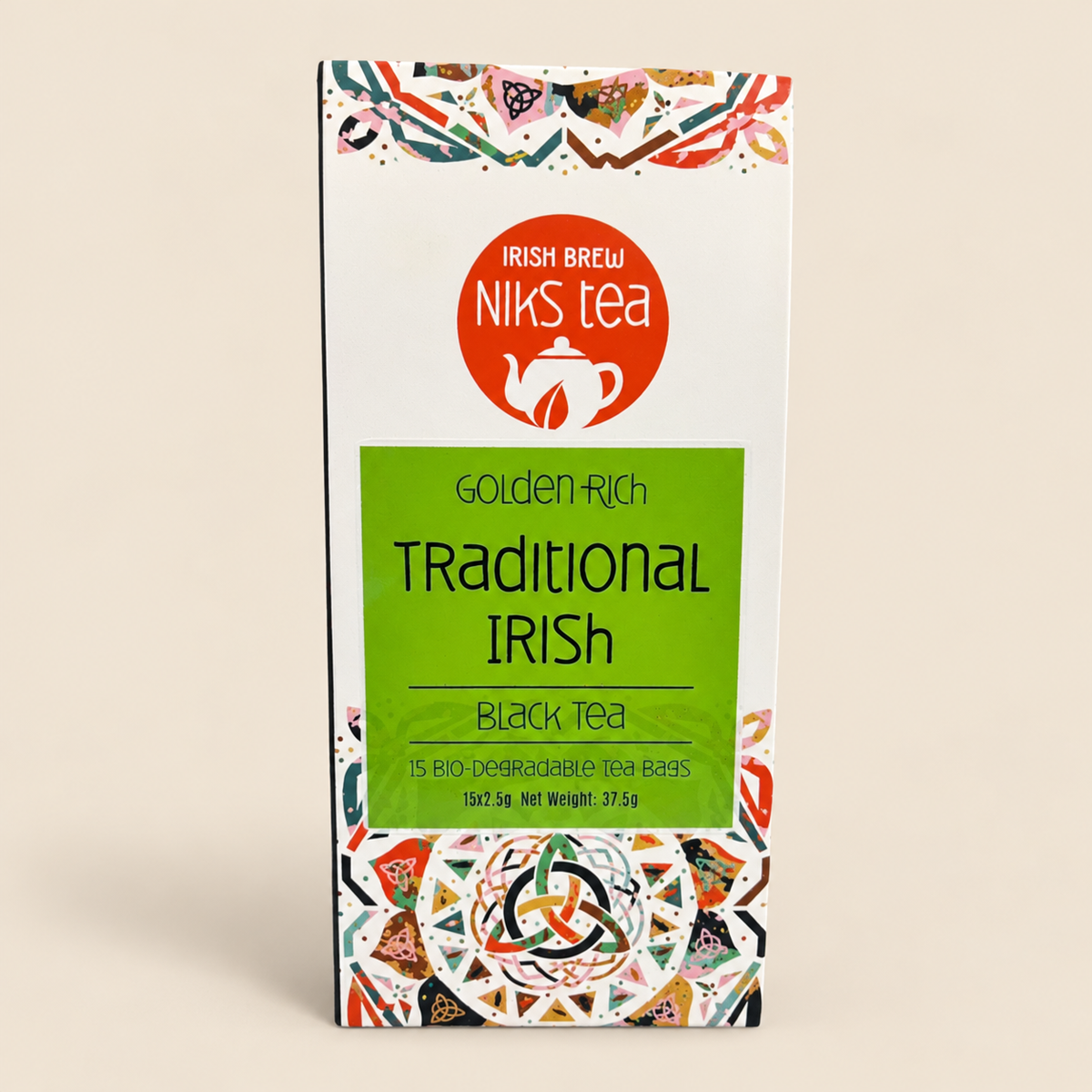 Nik’s Tea Traditional Irish Assam Black Tea – 15 Teabags on a warm beige background