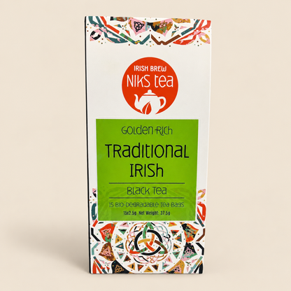 Nik’s Tea Traditional Irish Assam Black Tea – 15 Teabags on a warm beige background