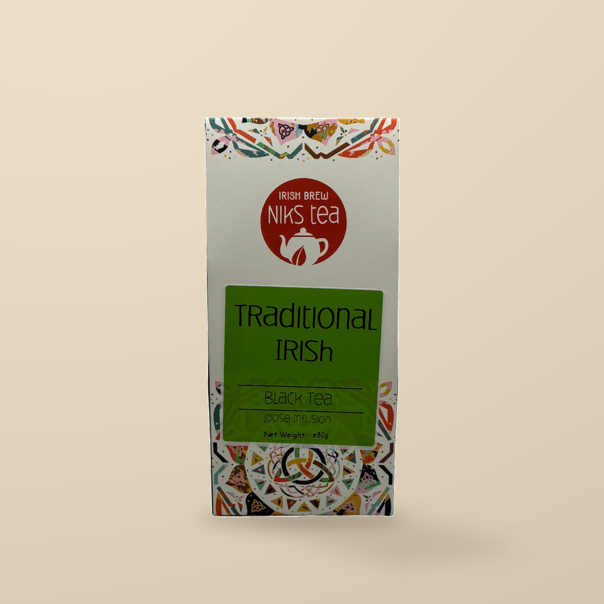 Niks Tea Traditional Irish Assam Black Loose Tea – 80g original product packaging on warm beige studio background