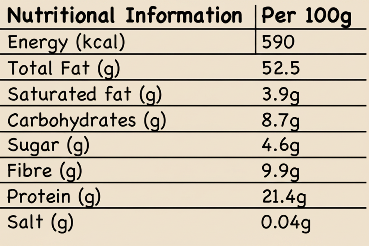 Nutritional information table per 100g on a white background