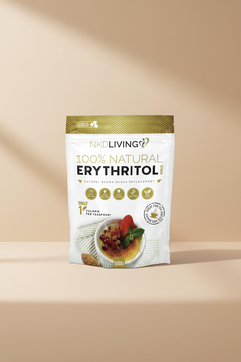 Package of NKD Living 100% Natural Erythritol with a dessert image on a white background