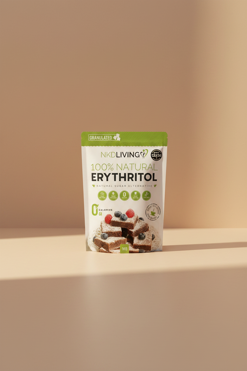 Package of NKD Living 100% Natural Erythritol with a stack of brownies and berries on a white background.