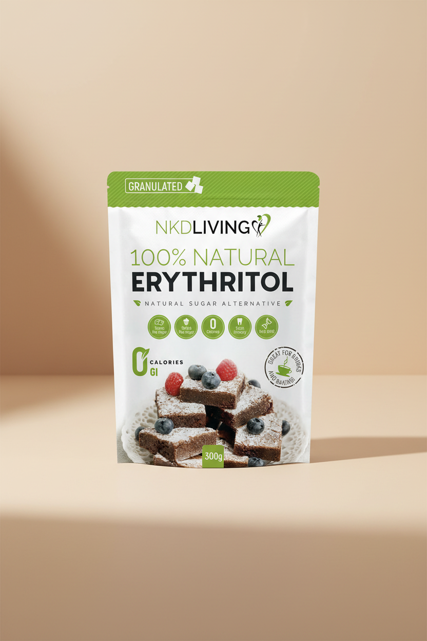 Package of NKD Living 100% Natural Erythritol with a dessert image on a white background
