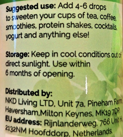 Close-up of a product label with black text on a pale green background. Visible text includes suggested use, storage instructions, and distributor information for NKD Living LTD.