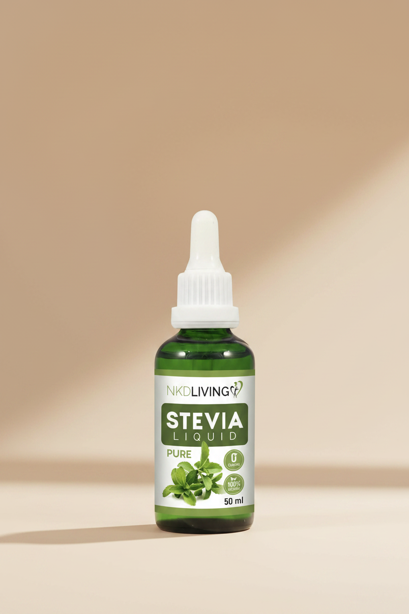 Bottle of NKD Living Stevia Liquid on a white background