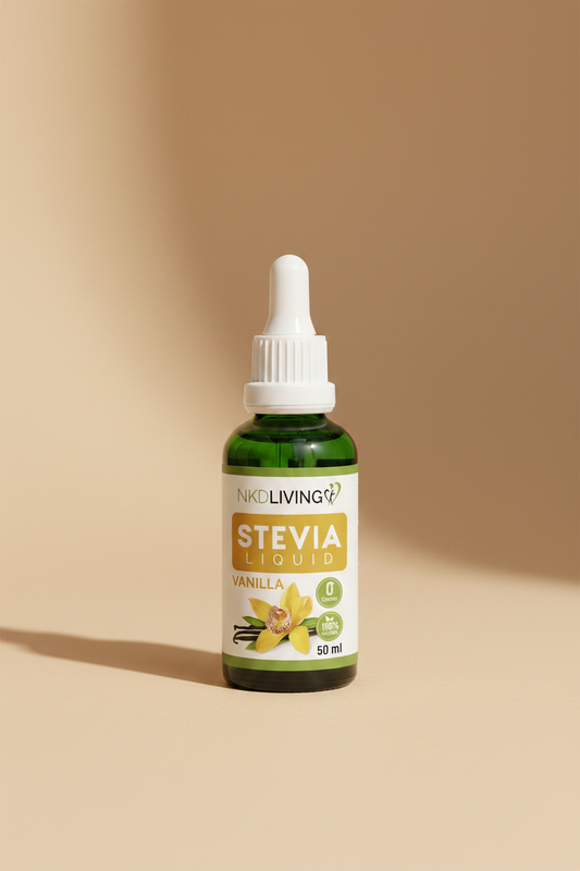 Bottle of NKD Living Stevia Liquid Vanilla flavor on a white background