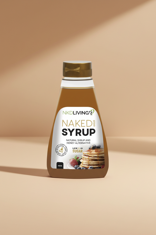 Bottle of Naked Syrup with a gold cap on a white background