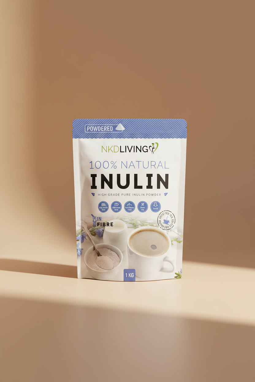Package of NKD Living 100% Natural Inulin powder with images of a cup of tea and a bowl of powder.