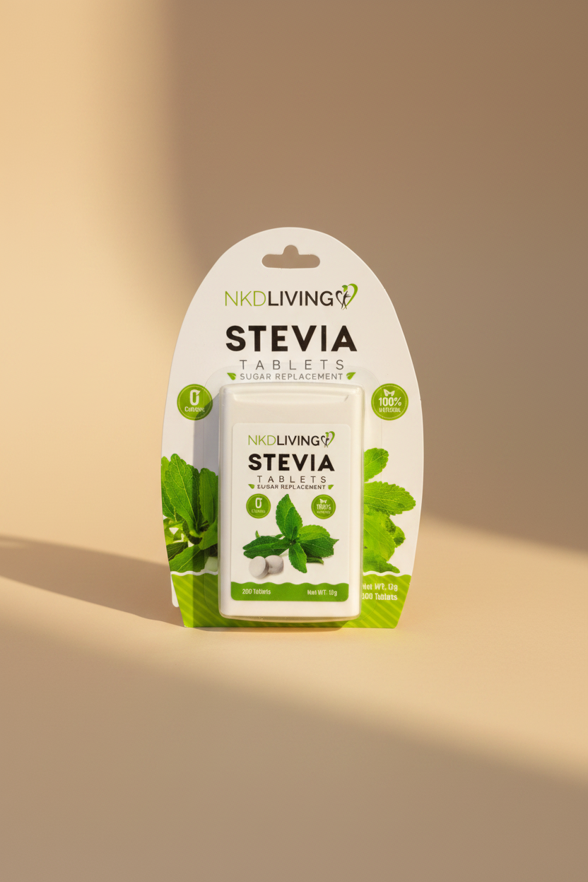 Packaging of NKD Living Stevia Tablets with green leaves and white background