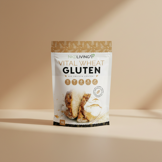 Package of NKD Living Vital Wheat Gluten with bread image on a white background