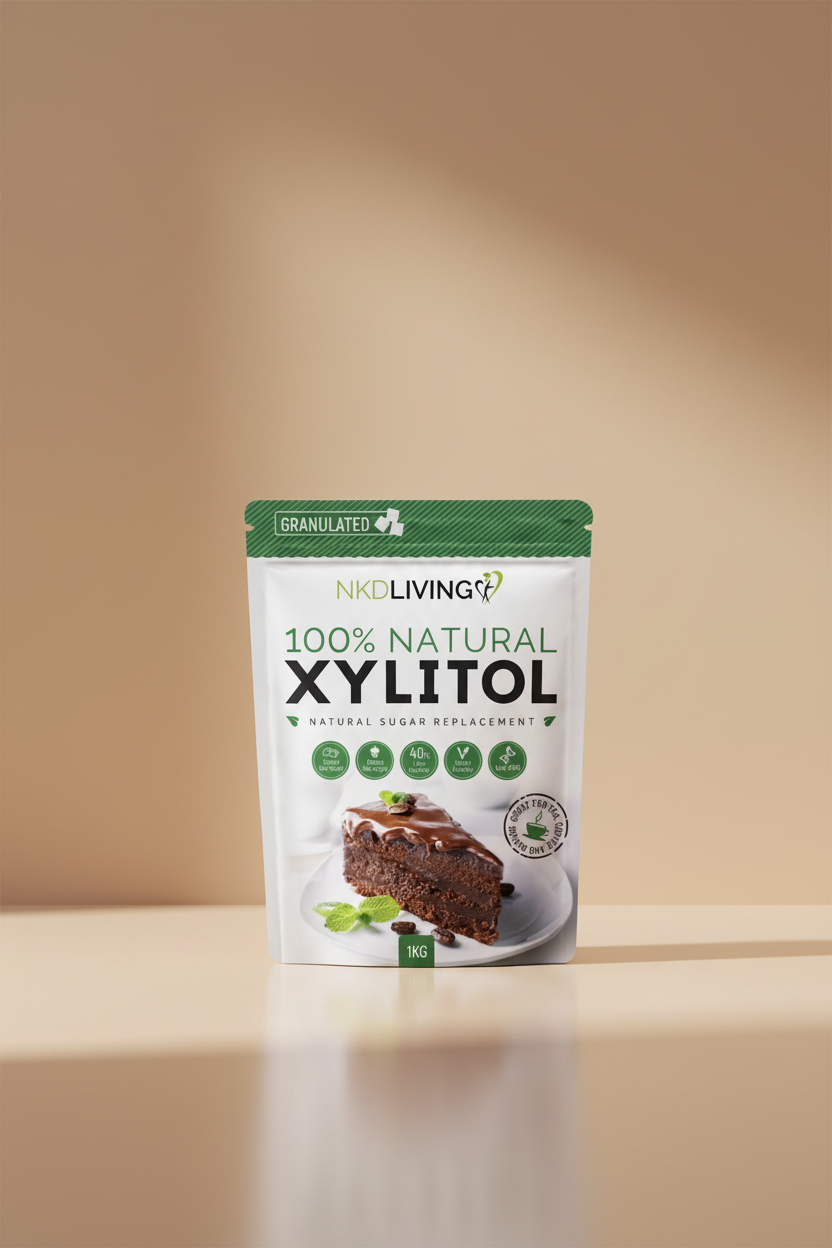 Package of NKD Living 100% Natural Xylitol with a cake illustration on a white background