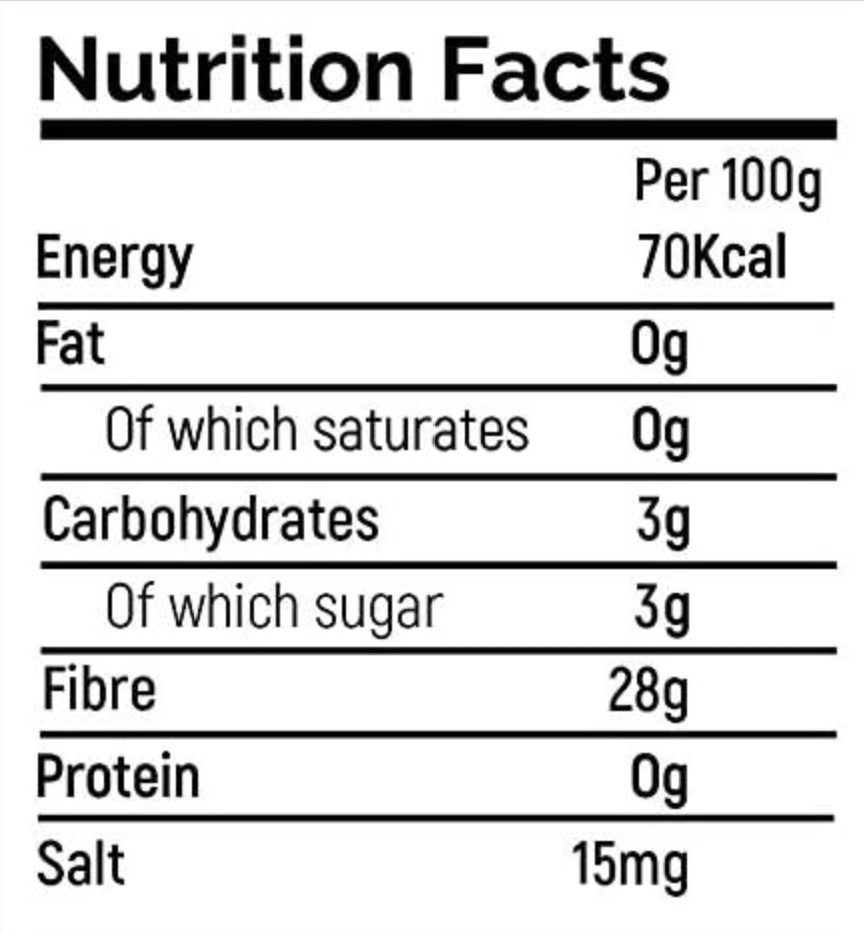 Nutrition facts label for a food product with energy, fat, carbohydrate, fiber, protein, and salt content per 100g.