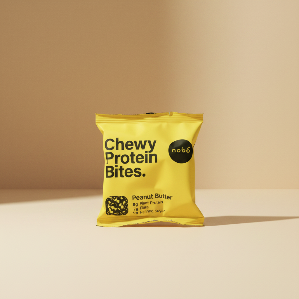 A bright yellow bag of nobó Chewy Protein Bites in Peanut Butter flavor, featuring bold black text and a small clear window showing the protein bites inside.