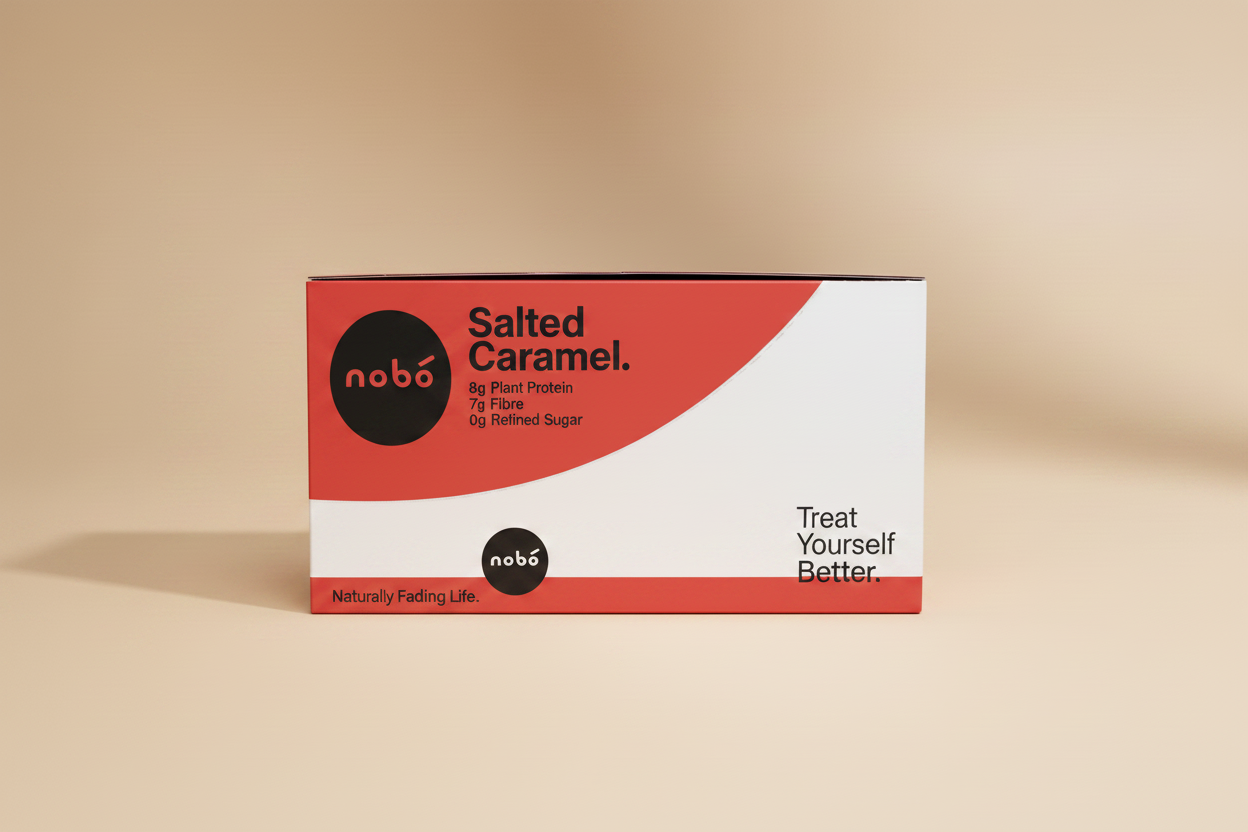 A box of nobó Salted Caramel plant-based protein powder, featuring a white and red design with black text and logos, set against a plain white background.