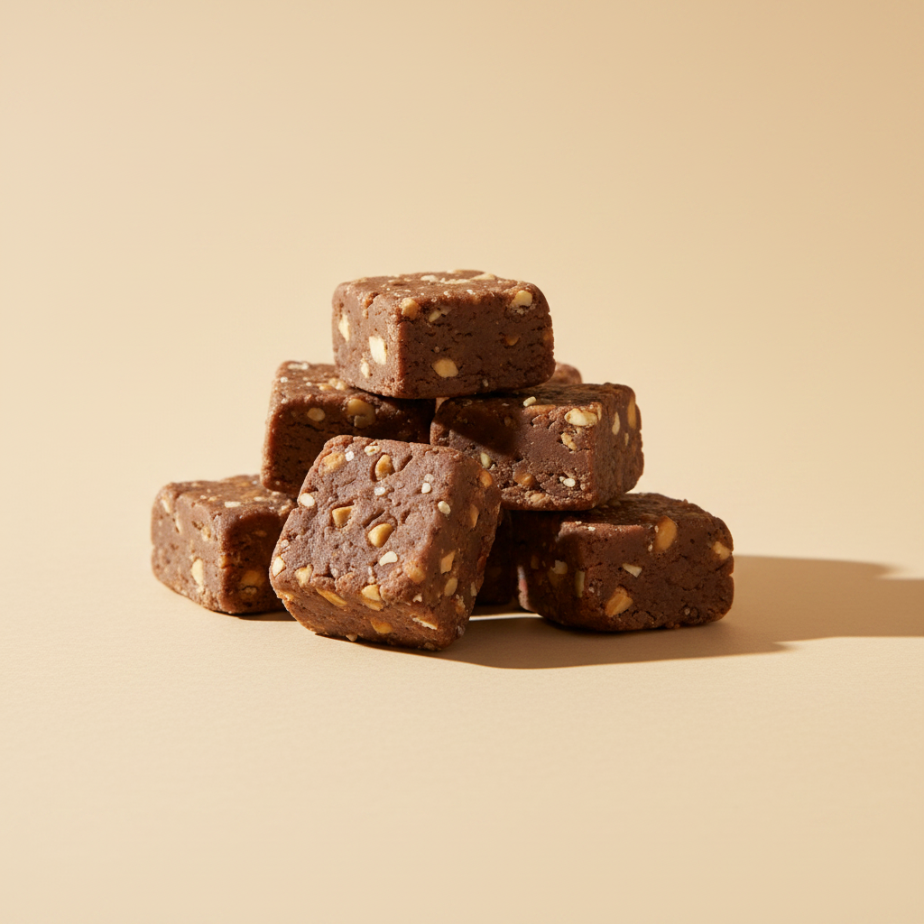Chocolate nut energy bars with visible chopped nuts and white flakes, shown in a close-up studio shot on a white background.