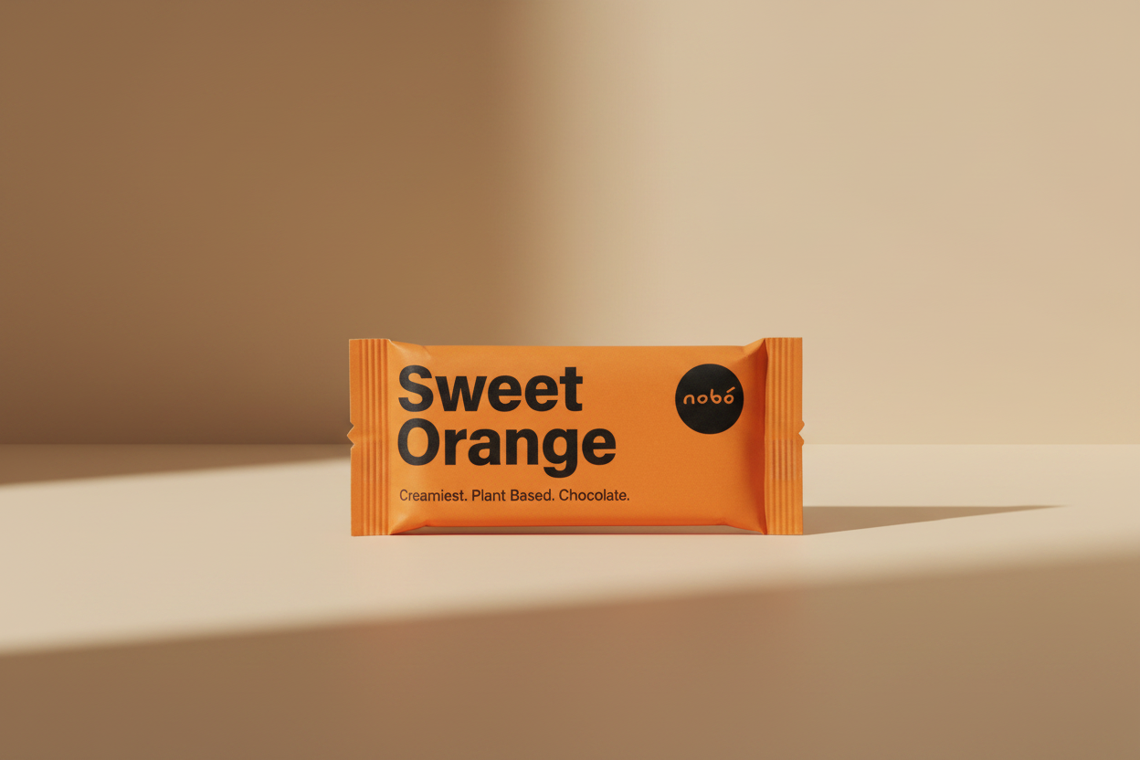 A single wrapped chocolate bar in bright orange packaging with bold black text reading 'Sweet Orange' and a black circle logo that says 'nobó'.