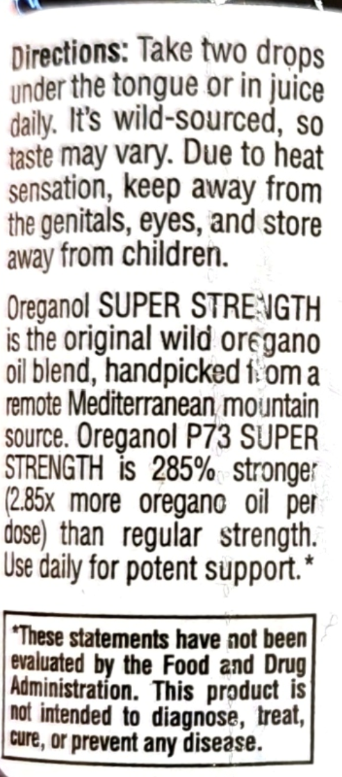 A close-up of a product label with black text on a white background, showing directions and claims for Oregano SUPER STRENGTH.