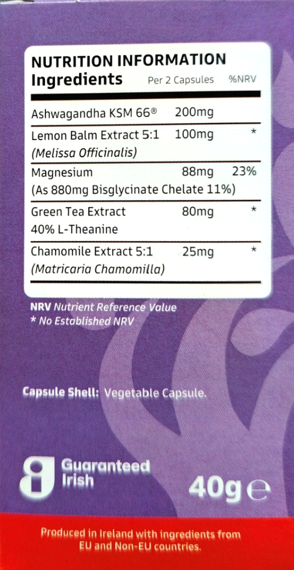 Close-up of the back of a purple capsule supplement package showing a Nutrition Information panel with ingredients listed per 2 capsules, including Ashwagandha KSM 66, Lemon Balm Extract, Magnesium, Green Tea Extract, and Chamomile Extract. A red band at the bottom reads 'Guaranteed Irish' and '40g e'.