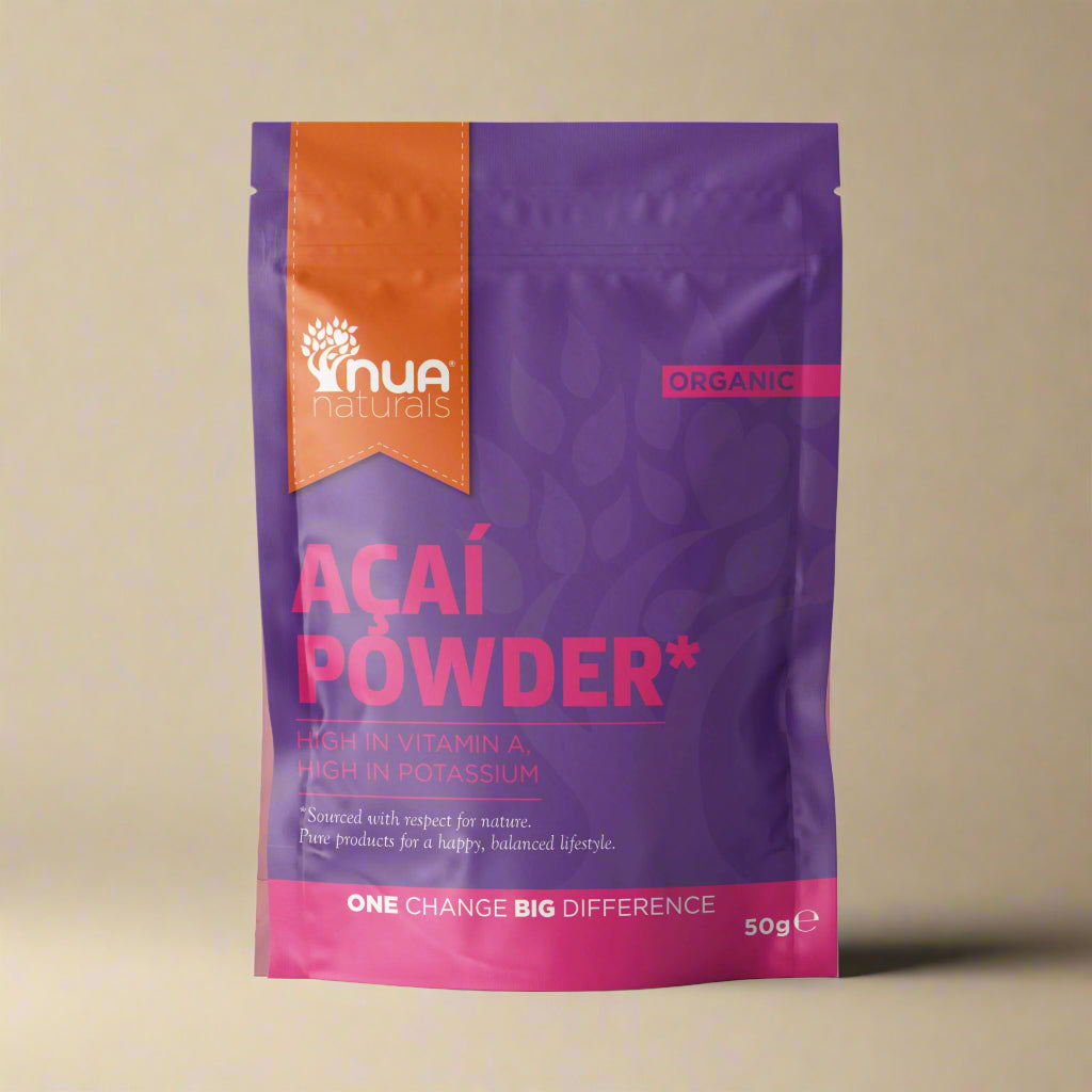 NUA Naturals Organic Acai Powder 50g front pouch – IHS Irish Health Store