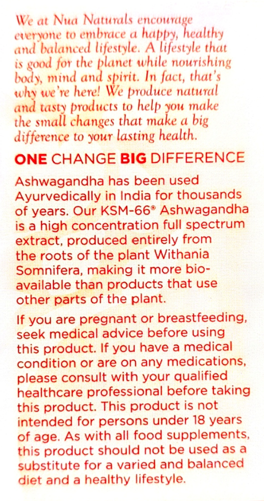 A close-up of a red printed text block on a white background, containing product information and disclaimer text about Ashwagandha from Nua Naturals.