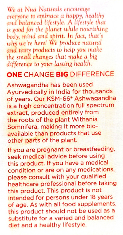 A close-up of a red printed text block on a white background, containing product information and disclaimer text about Ashwagandha from Nua Naturals.