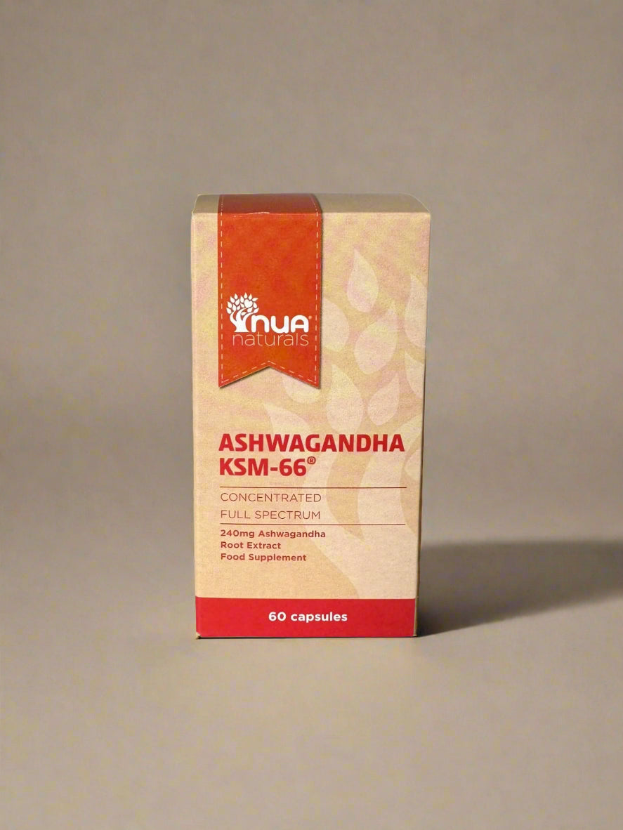 NUA Naturals Ashwagandha KSM-66 60 Capsules front label – IHS Irish Health Store