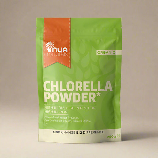 NUA Naturals Organic Chlorella Powder 250g front pouch – IHS Irish Health Store