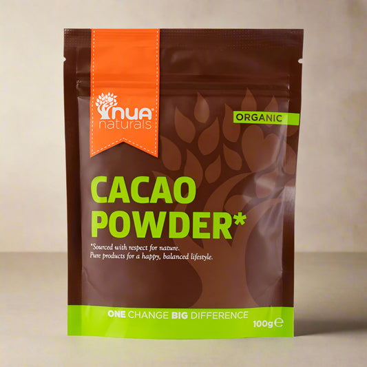 Front view of NUA Naturals Organic Cacao Powder 100g pouch