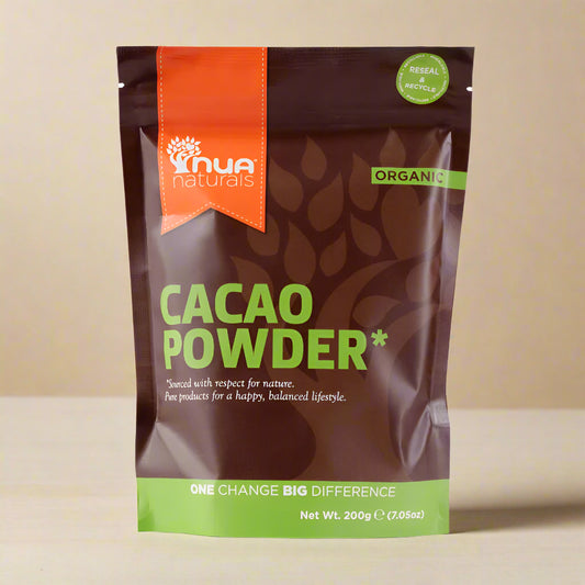 Front view of NUA Naturals Organic Cacao Powder 200g pouch