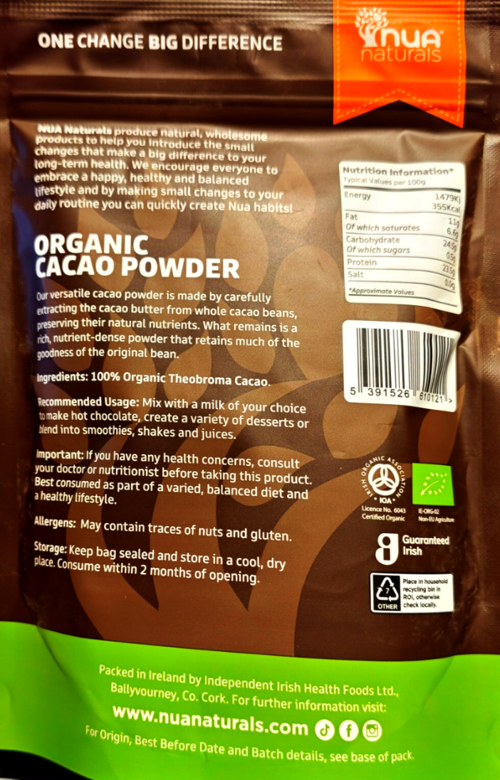 NUA Naturals Organic Cacao Powder 200g clean product image neutral background