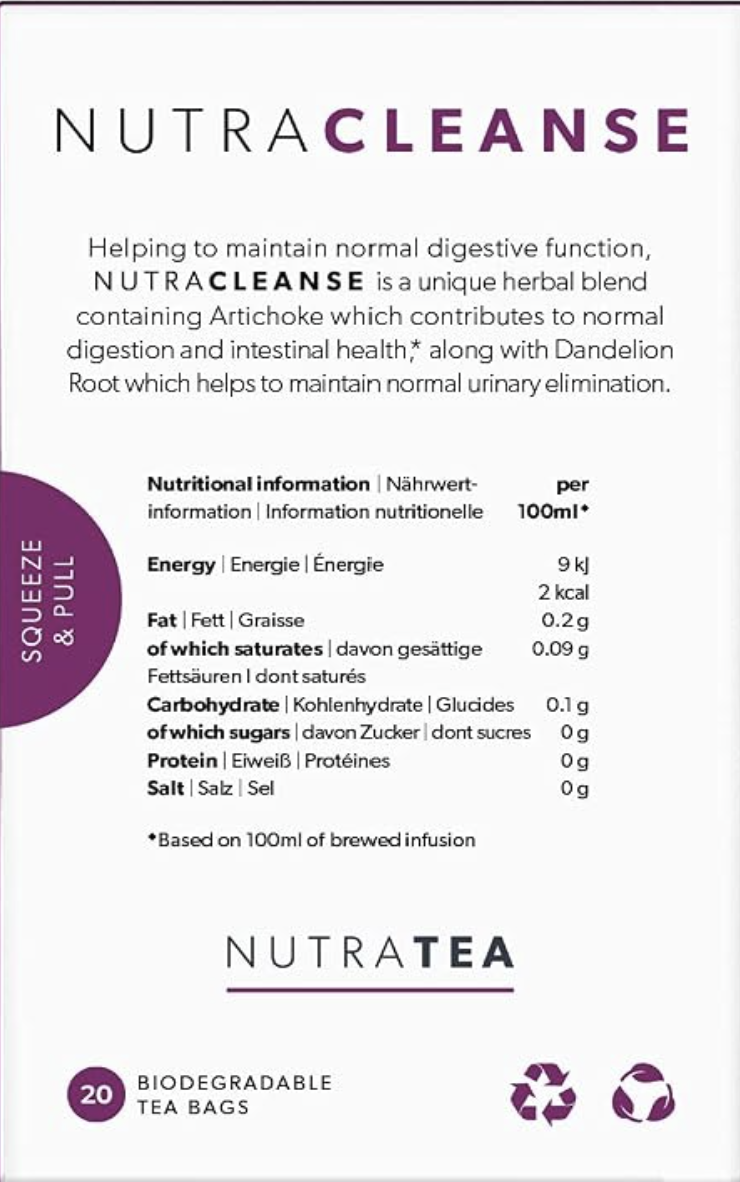 Front of a NutraCleanse tea bag box by NutraTea, showing product description, nutritional information per 100ml, and a circular badge reading Squeeze & Pull. The box is white with purple text and accents.