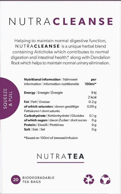 Front of a NutraCleanse tea bag box by NutraTea, showing product description, nutritional information per 100ml, and a circular badge reading Squeeze & Pull. The box is white with purple text and accents.