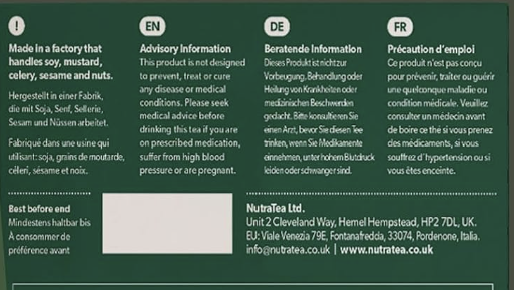 Back of a NutriTates food product package in Dutch, German, and English, featuring product details, ingredients, and a white box with a blurred square in the center.