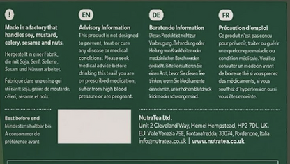 Back of a NutriTates food product package in Dutch, German, and English, featuring product details, ingredients, and a white box with a blurred square in the center.