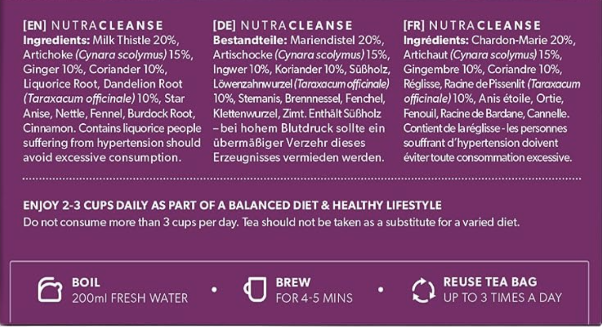 A purple informational graphic with text and icons about tea brewing and reuse. It includes headings for ENI, [DE], [RI], and [F] Nutracleanse blends, ingredient percentages, brewing times, and reuse guidance.
