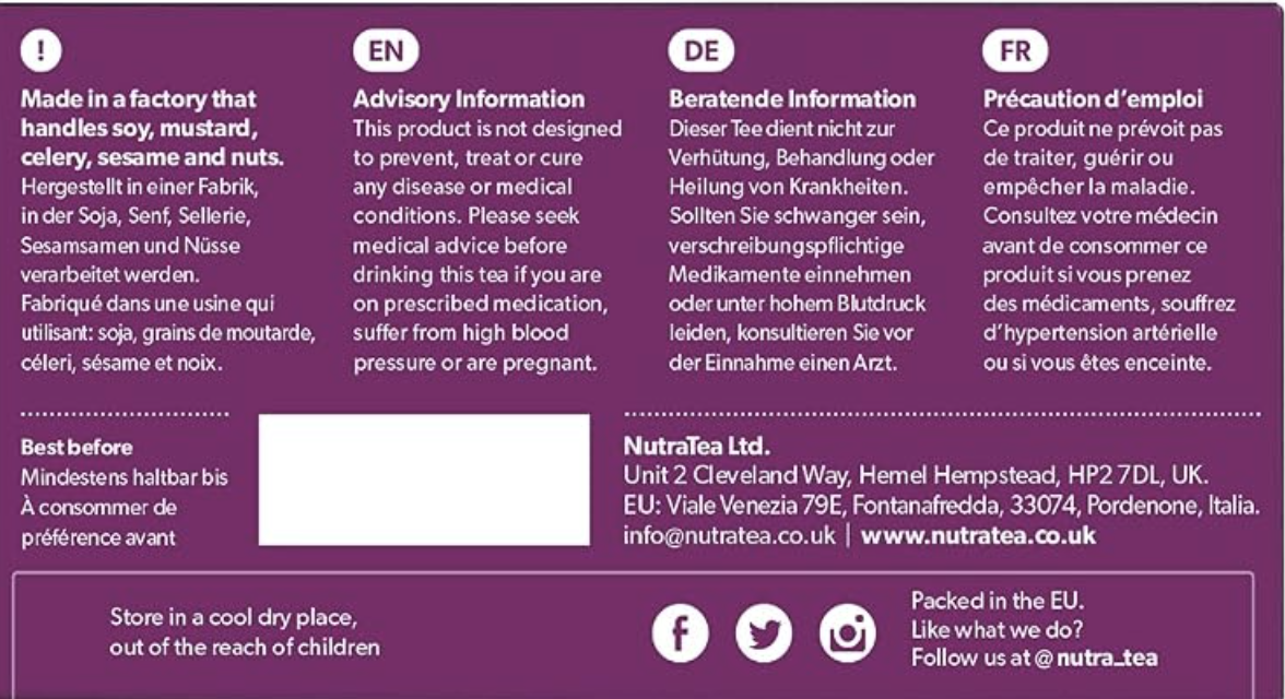 A purple and white product information label with text in English and German, including NutraTea branding, address details, and storage instructions.